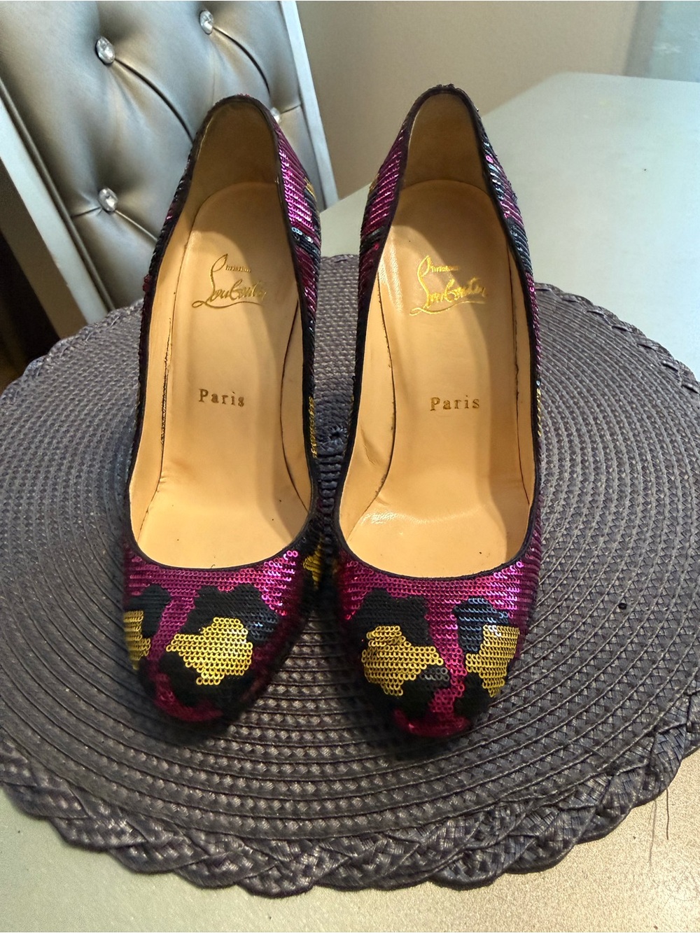Christian Louboutin Sequin Pumps in Magenta and Gold Accents